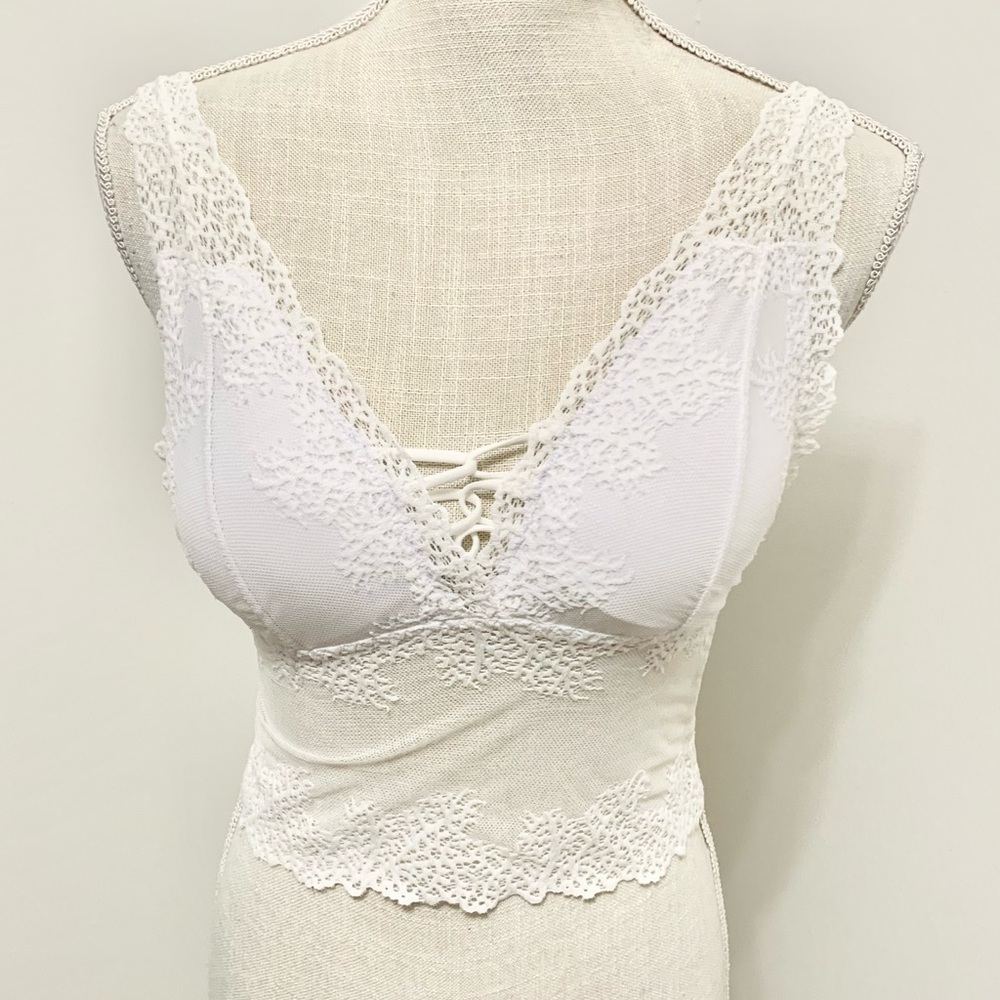New Mix Mesh & Lace Up Crop Top M/L - White- NEW